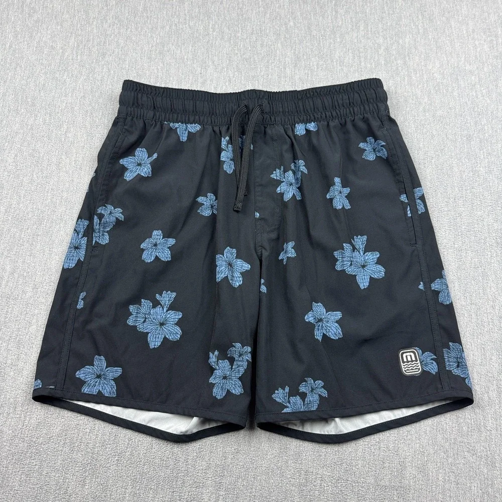 Travis Mathew Shorts Mens Medium Black Blue Floral Boardshort‎ Swim Trunks Surf